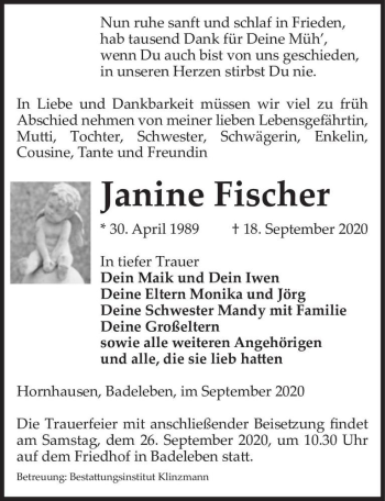 Traueranzeige von Janine Fischer  von Magdeburger Volksstimme