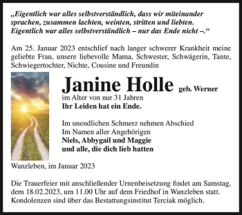 Traueranzeige von Janine Holle (geb. Werner)  von Magdeburger Volksstimme