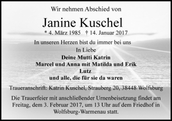 Traueranzeige von Janine Kuschel  von Magdeburger Volksstimme