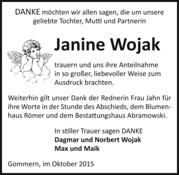Traueranzeige von Janine Wojak  von Magdeburger Volksstimme