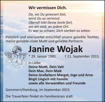 Traueranzeige von Janine Wojak  von Magdeburger Volksstimme