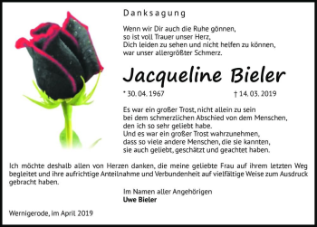Traueranzeige von Jaqueline Bieler  von Magdeburger Volksstimme