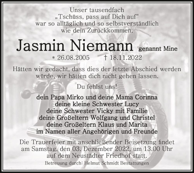  Traueranzeige für Jasmin 