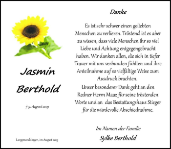 Traueranzeige von Jasmin Berthold  von Magdeburger Volksstimme