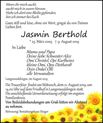 Traueranzeige von Jasmin Berthold  von Magdeburger Volksstimme