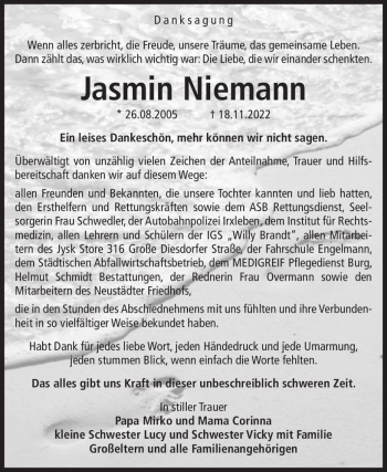 Traueranzeige von Jasmin Niemann  von Magdeburger Volksstimme