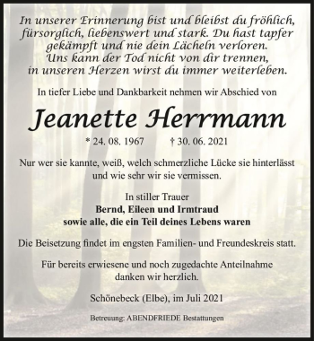 Traueranzeige von Jeanette Herrmann  von Magdeburger Volksstimme