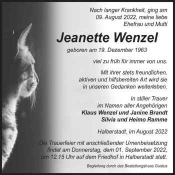 Traueranzeige von Jeanette Wenzel  von Magdeburger Volksstimme