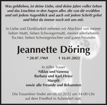 Traueranzeige von Jeannette Döring  von Magdeburger Volksstimme