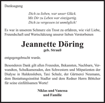 Traueranzeige von Jeannette Döring (geb. Strauß)  von Magdeburger Volksstimme