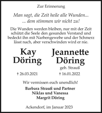 Traueranzeige von Jeannette Döring (geb. Strauß) und Kay Döring  von Magdeburger Volksstimme