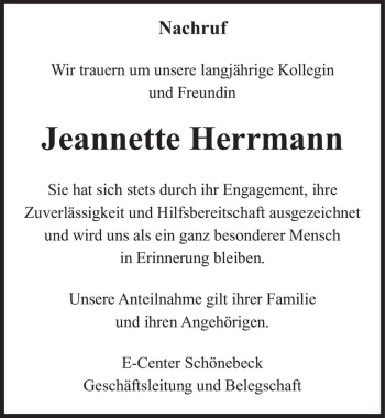 Traueranzeige von Jeannette Herrmann  von Magdeburger Volksstimme