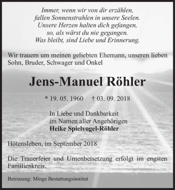 Traueranzeige von Jena-Manuel Röhler  von Magdeburger Volksstimme