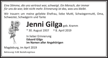 Traueranzeige von Jenni Gilga (geb. Kramm)  von Magdeburger Volksstimme