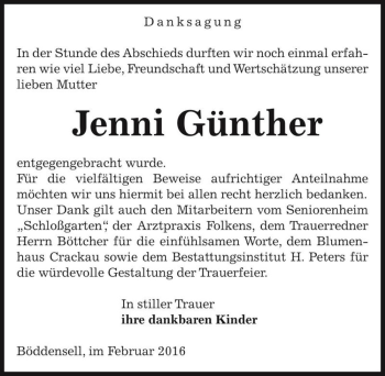 Traueranzeige von Jenni Günther  von Magdeburger Volksstimme