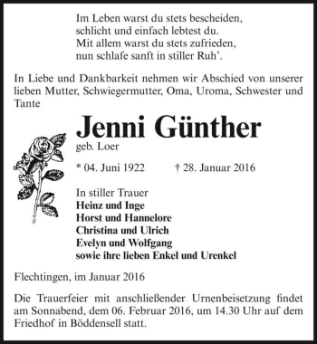 Traueranzeige von Jenni Günther (geb. Loer)  von Magdeburger Volksstimme