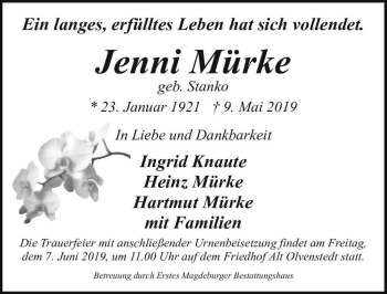 Traueranzeige von Jenni Mürke (geb. Stanko)  von Magdeburger Volksstimme