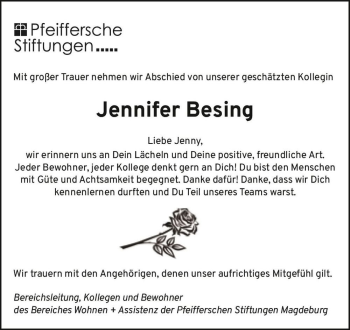 Traueranzeige von Jennifer Besing  von Magdeburger Volksstimme