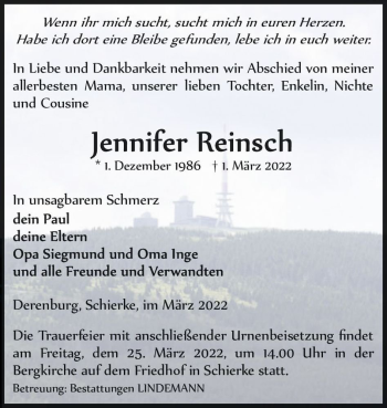 Traueranzeige von Jennifer Reinsch  von Magdeburger Volksstimme