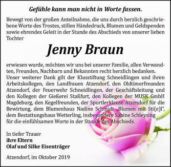 Traueranzeige von Jenny Braun  von Magdeburger Volksstimme