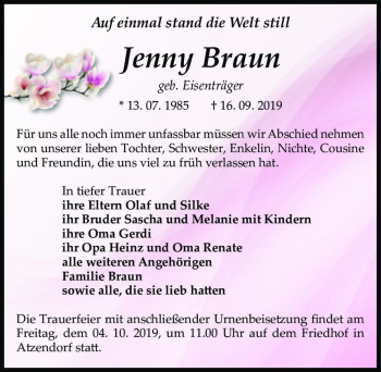 Traueranzeige von Jenny Braun (geb. Eisenträger)  von Magdeburger Volksstimme