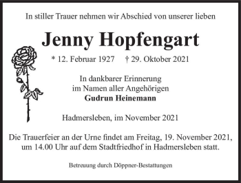 Traueranzeige von Jenny Hopfengart  von Magdeburger Volksstimme