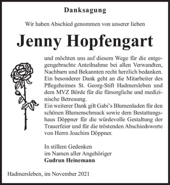 Traueranzeige von Jenny Hopfengart  von Magdeburger Volksstimme
