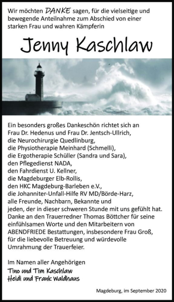 Traueranzeige von Jenny Kaschlaw  von Magdeburger Volksstimme