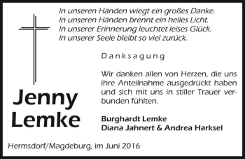 Traueranzeige von Jenny Lemke  von Magdeburger Volksstimme