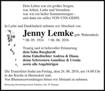 Traueranzeige von Jenny Lemke (geb. Wahrenholz)  von Magdeburger Volksstimme