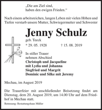 Traueranzeige von Jenny Schulz (geb. Teeck)  von Magdeburger Volksstimme