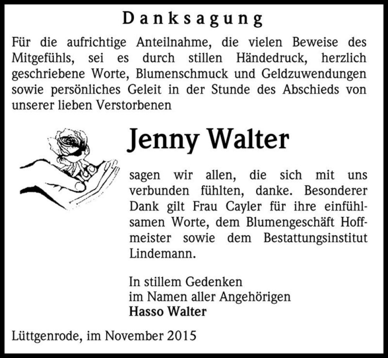  Traueranzeige für Jenny Walter  vom 07.11.2015 aus Magdeburger Volksstimme