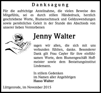 Traueranzeige von Jenny Walter  von Magdeburger Volksstimme