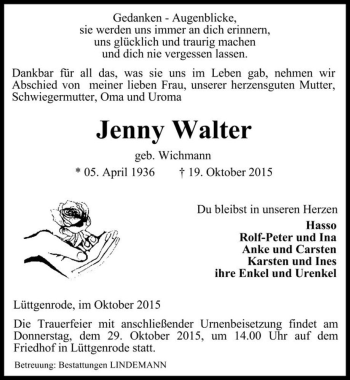 Traueranzeige von Jenny Walter (geb. Wichmann)  von Magdeburger Volksstimme