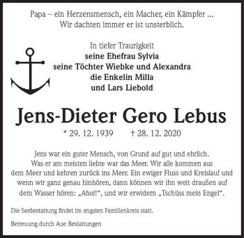 Traueranzeige von Jens-Dieter Gero Lebus  von Magdeburger Volksstimme