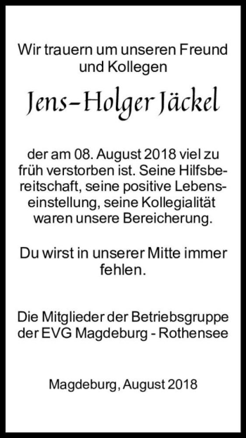 Traueranzeige von Jens-Holger Jäckel  von Magdeburger Volksstimme
