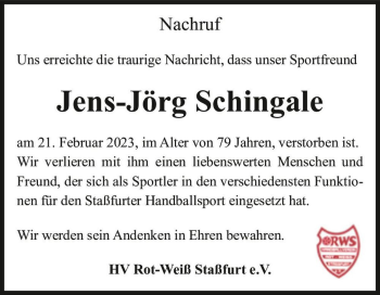 Traueranzeige von Jens-Jörg Schingale  von Magdeburger Volksstimme