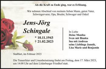Traueranzeige von Jens-Jörg Schingale  von Magdeburger Volksstimme