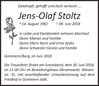 Traueranzeige von Jens-Olaf Stoltz  von Magdeburger Volksstimme