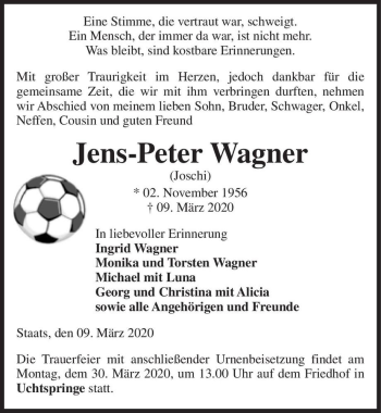 Traueranzeige von Jens-Peter Wagner (Joschi)  von Magdeburger Volksstimme