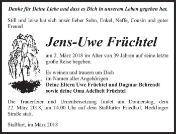 Traueranzeige von Jens-Uwe Früchtel  von Magdeburger Volksstimme