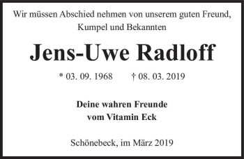 Traueranzeige von Jens-Uwe Radloff  von Magdeburger Volksstimme
