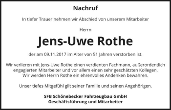 Traueranzeige von Jens-Uwe Rothe  von Magdeburger Volksstimme