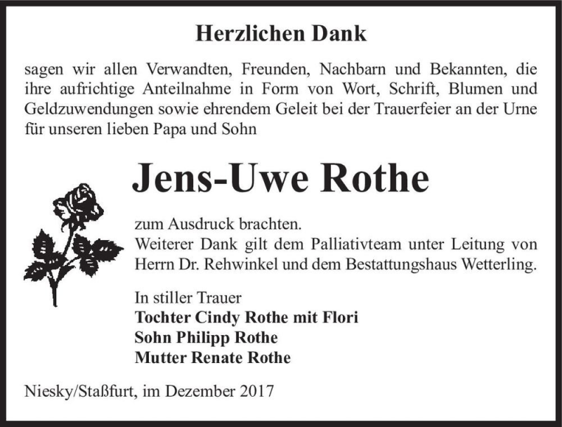  Traueranzeige für Jens-Uwe Rothe  vom 09.12.2017 aus Magdeburger Volksstimme