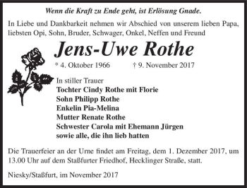 Traueranzeige von Jens-Uwe Rothe  von Magdeburger Volksstimme