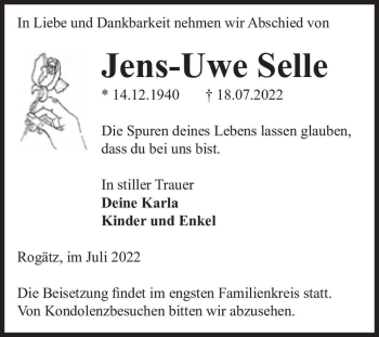 Traueranzeige von Jens-Uwe Selle  von Magdeburger Volksstimme