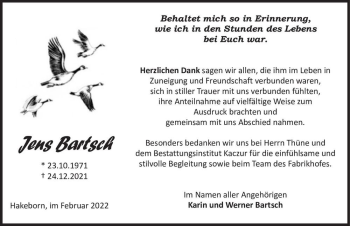 Traueranzeige von Jens Bartsch  von Magdeburger Volksstimme