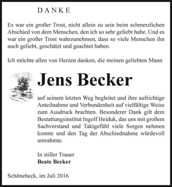 Traueranzeige von Jens Becker  von Magdeburger Volksstimme