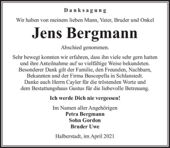 Traueranzeige von Jens Bergmann  von Magdeburger Volksstimme