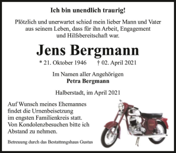 Traueranzeige von Jens Bergmann  von Magdeburger Volksstimme